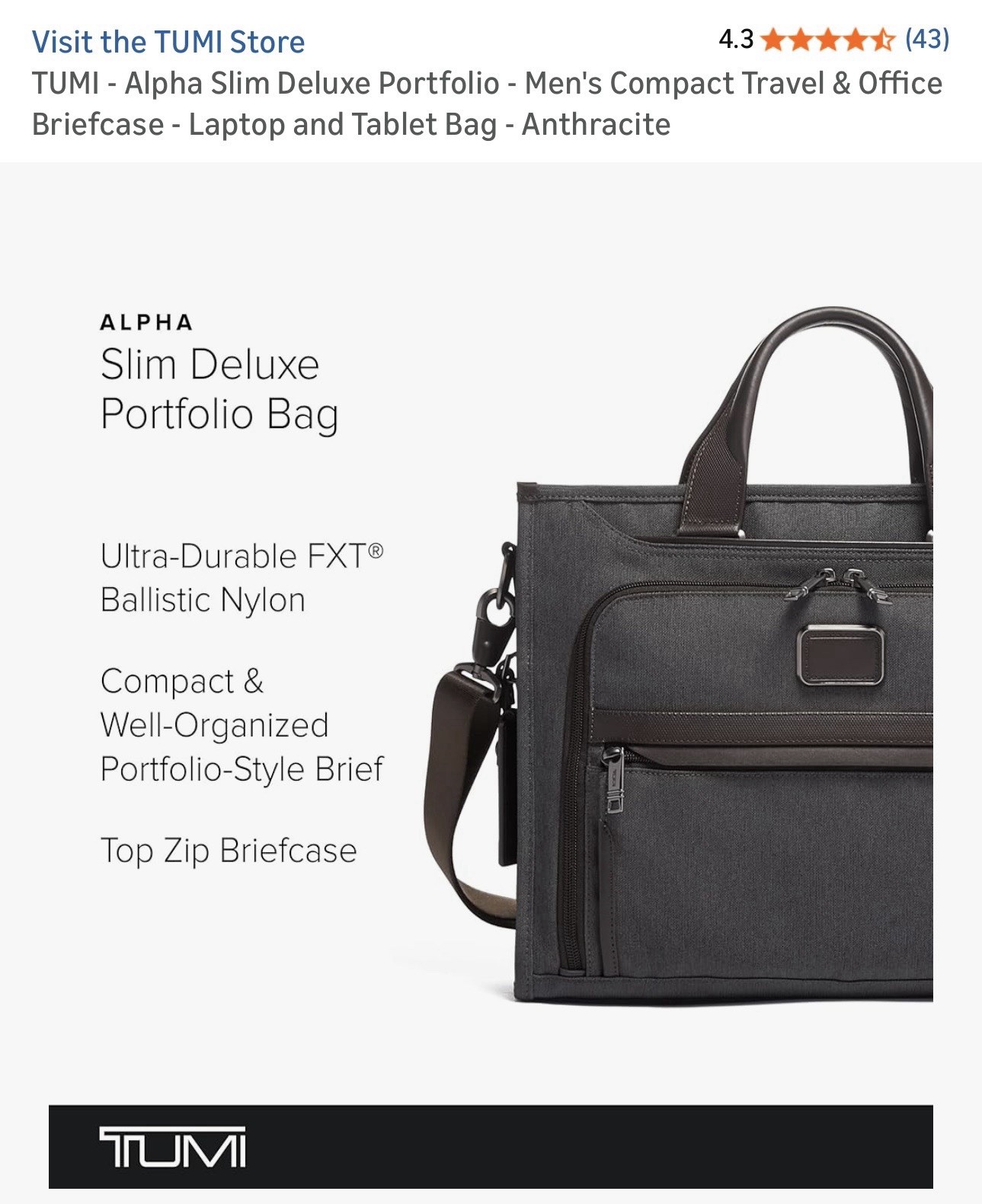 TUMI Alpha 3 Slim Deluxe Portfolio – Anthracite & Brown- Leather- 2603110AT3