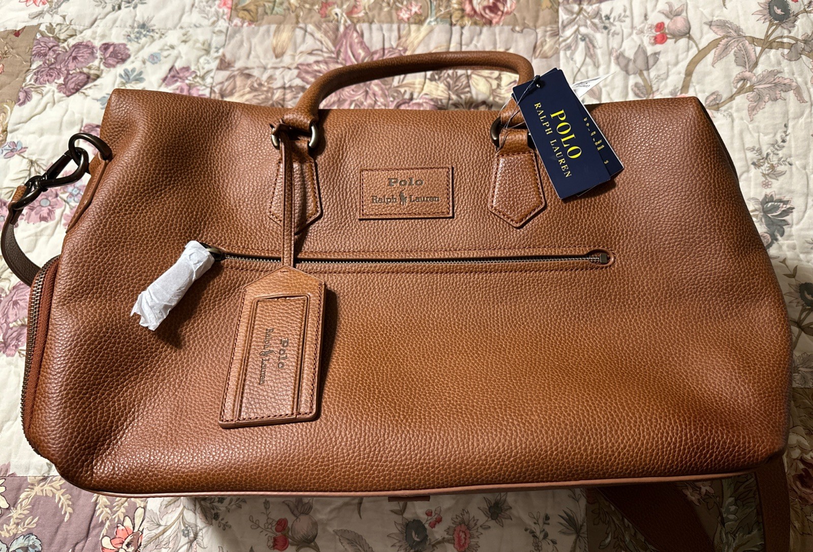 New Polo Ralph Lauren Cognac Brown Pebbled Leather Overnight/Carryon Duffel Bag