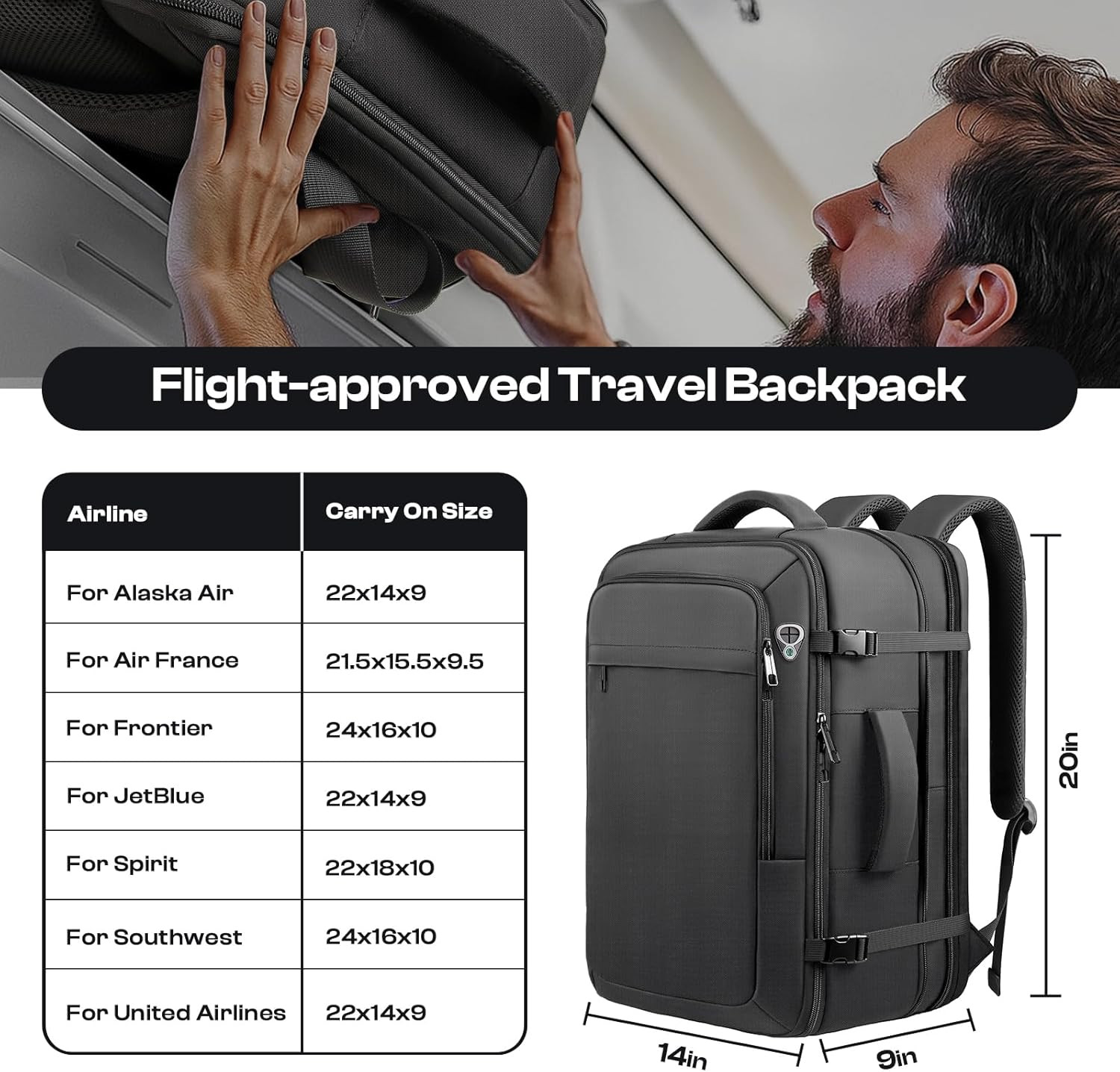 Carry On Backpack 40L-50L TSA Approved Travel Laptop Bag 17.3 Inch Black