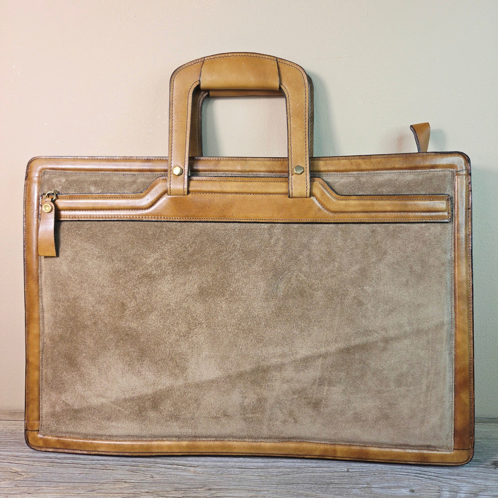 Michael Scott Leather Briefcase Suede Bag Taupe Vintage English Bridle Style 627