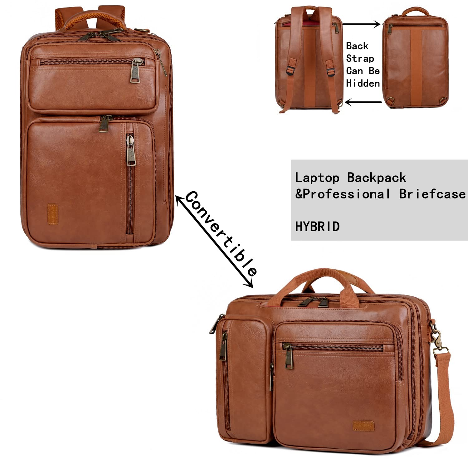 Vegan Leather 15.6 Laptop Backpack Briefcase Hybrid Travel Work Bag Brown