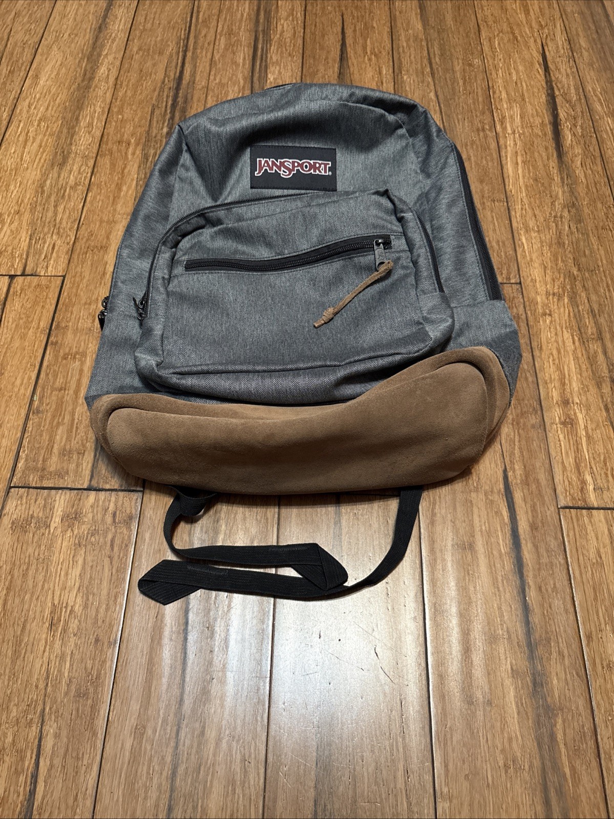 JanSport Backpack Cool Student Laptop Gray Faux Brown Leather Bottom