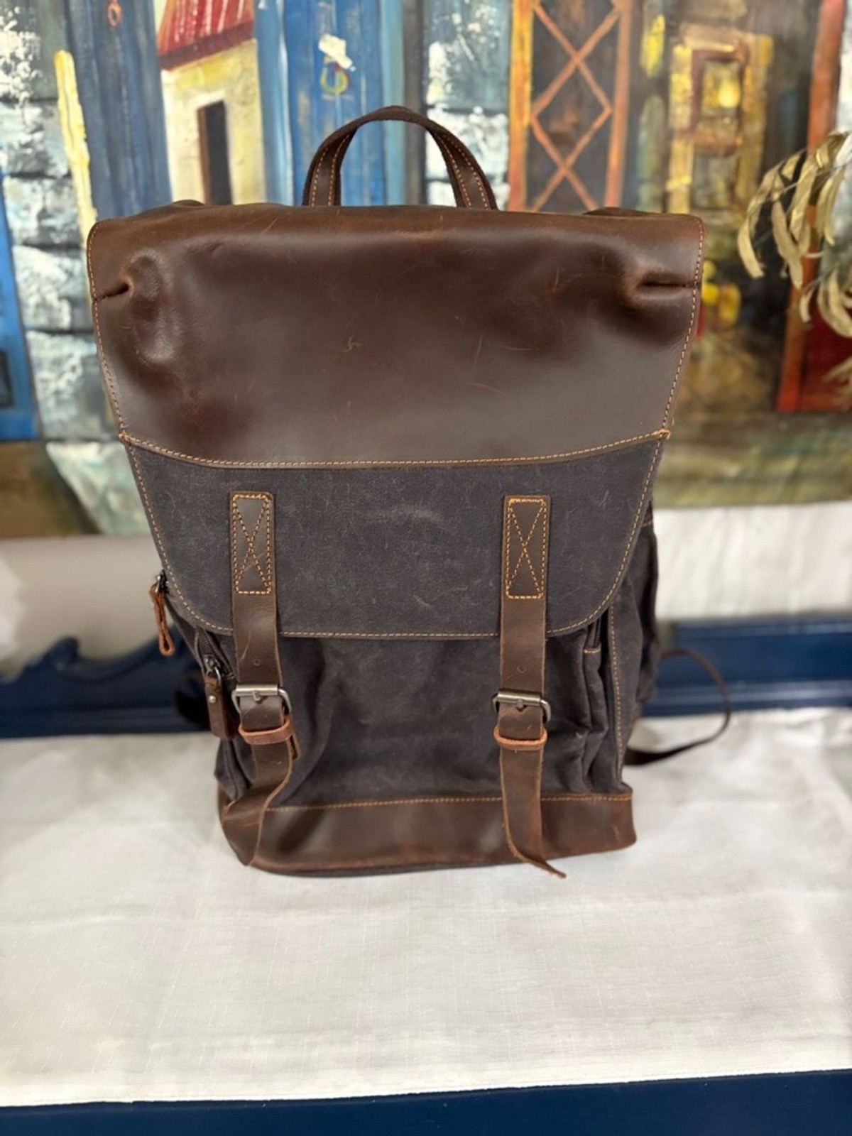 Vintage-Style Brown Canvas & Leather Men’s Backpack
