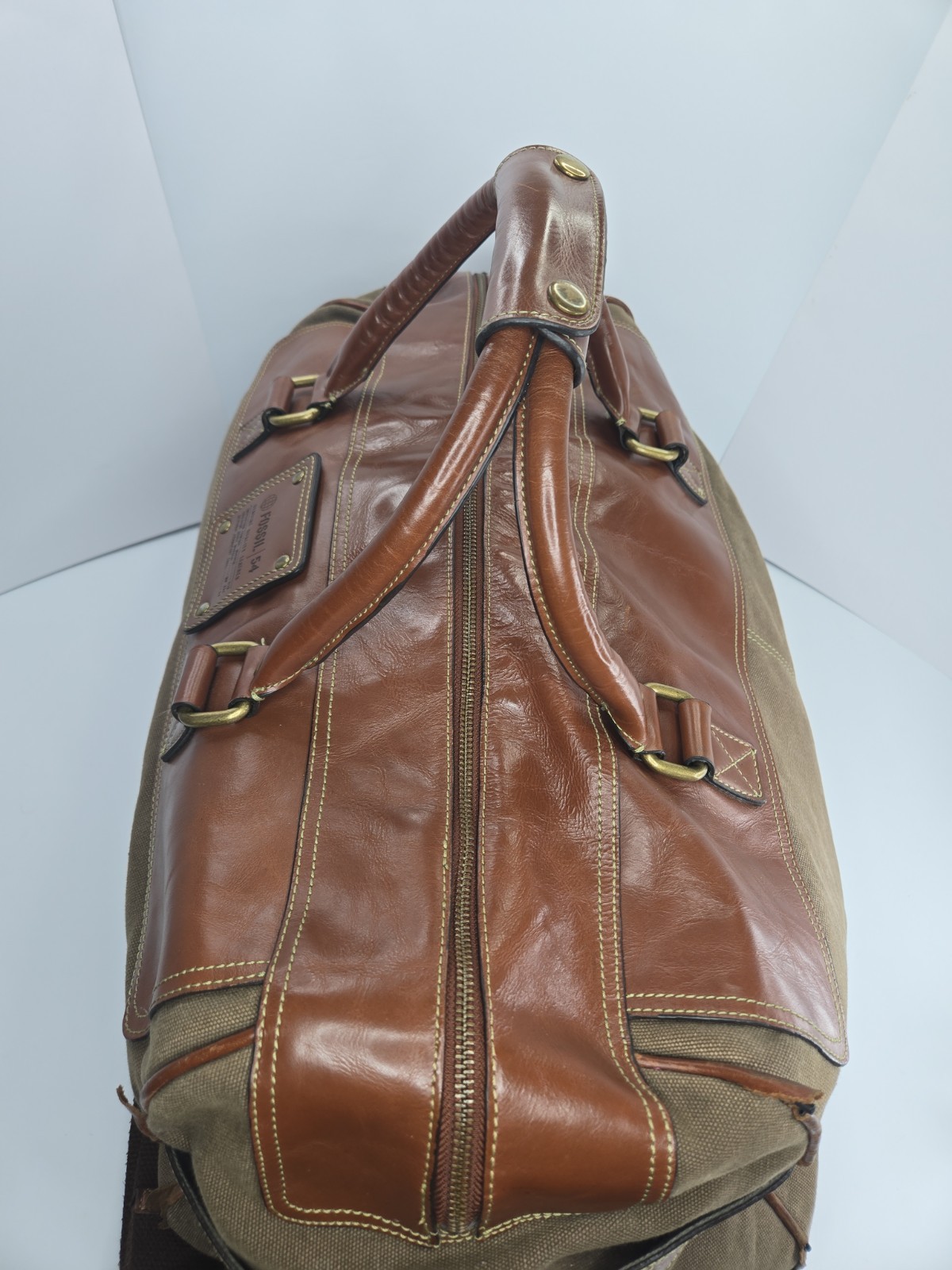 Fossil 54 MBG1121200 Brown Leather Canvas Duffel Weekender Bag READ