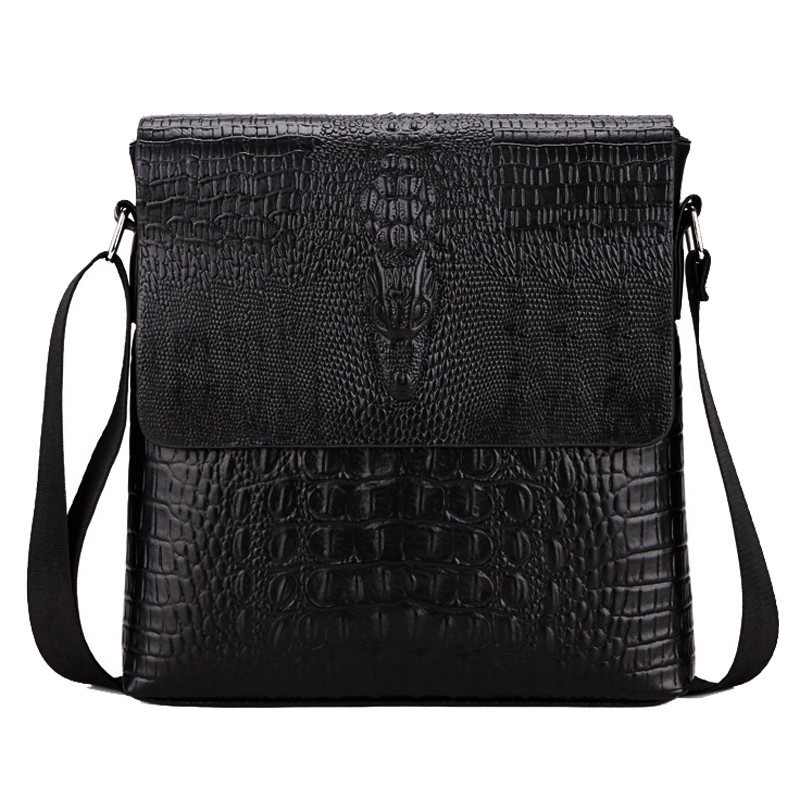 Men’s Black Crocodile Leather Crossbody Bag – 10″ Sling Shoulder Messenger Bag