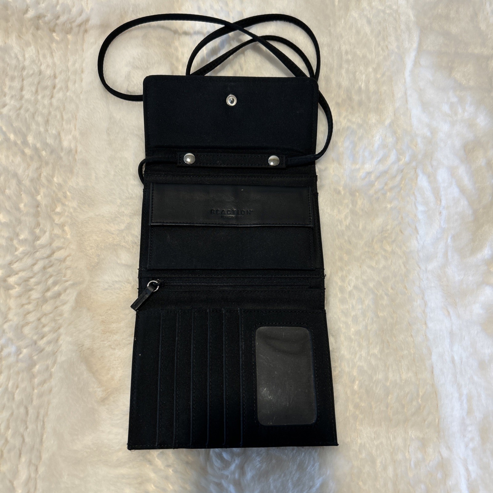 Kenneth Cole Reaction Black Small Crossbody Trifold Wallet with Shoulder Strap