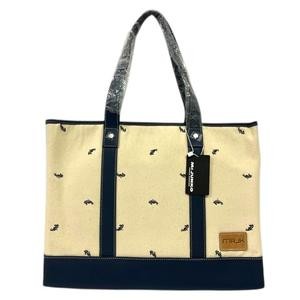 MR.JUNKO Tote Bag White Navy Canvas Leather Logo Animal Pattern S/N 32cm