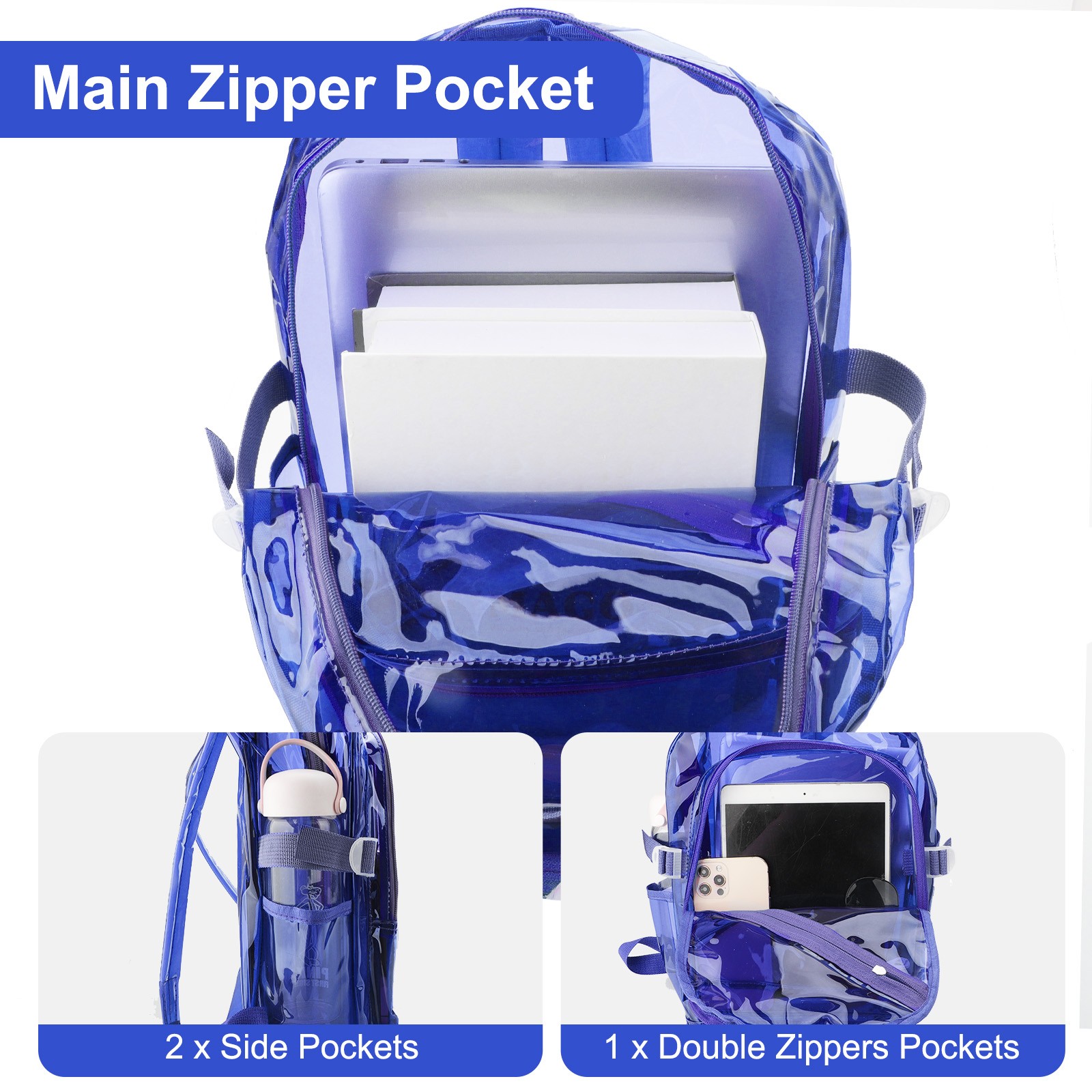 Waterproof Clear PVC Sling Backpack Stadium Approved See-Through Bag w/4 Pockets