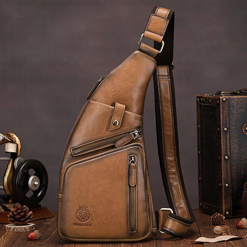 I Men’s Crossbody Leather Vintage Shoulder Chest Bag Purse
