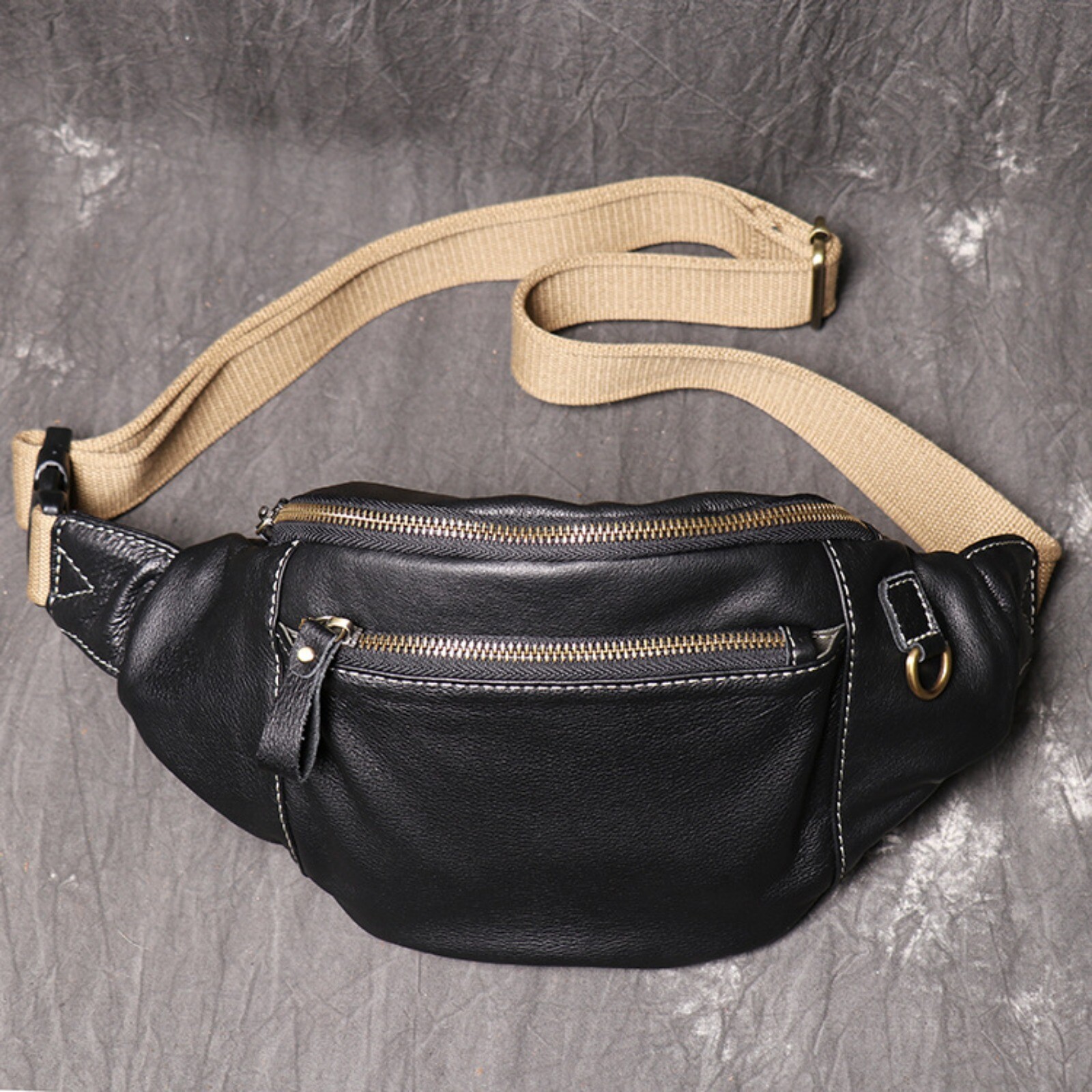 Mens Leather Crossbody Sling Bag Adjustable Strap Fanny Pack with Zippers