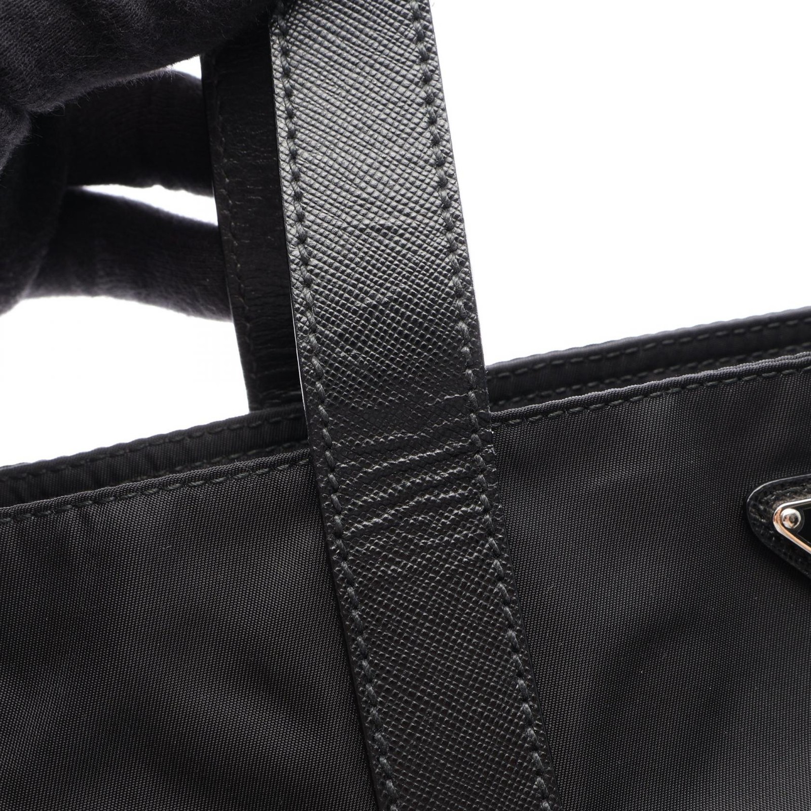 PRADA Triangle logo plate Tote hand Bag Nylon Saffiano leather Black Used mens