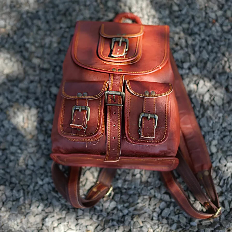 15″ Lambskin Leather Backpack Bag Men Vintage Laptop Rucksack Satchel Travel Ne
