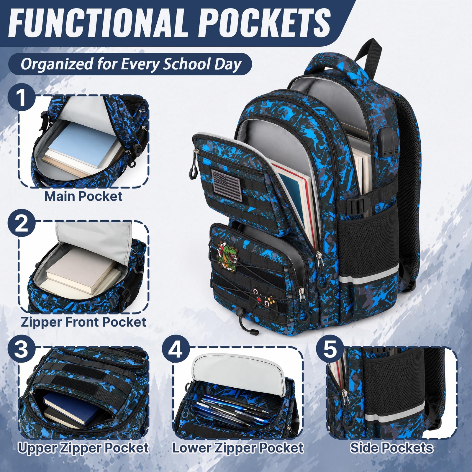 Boys Backpack with Lunch Box, 4 PCS Blue Camo Large Capacity Elementary Schoo…