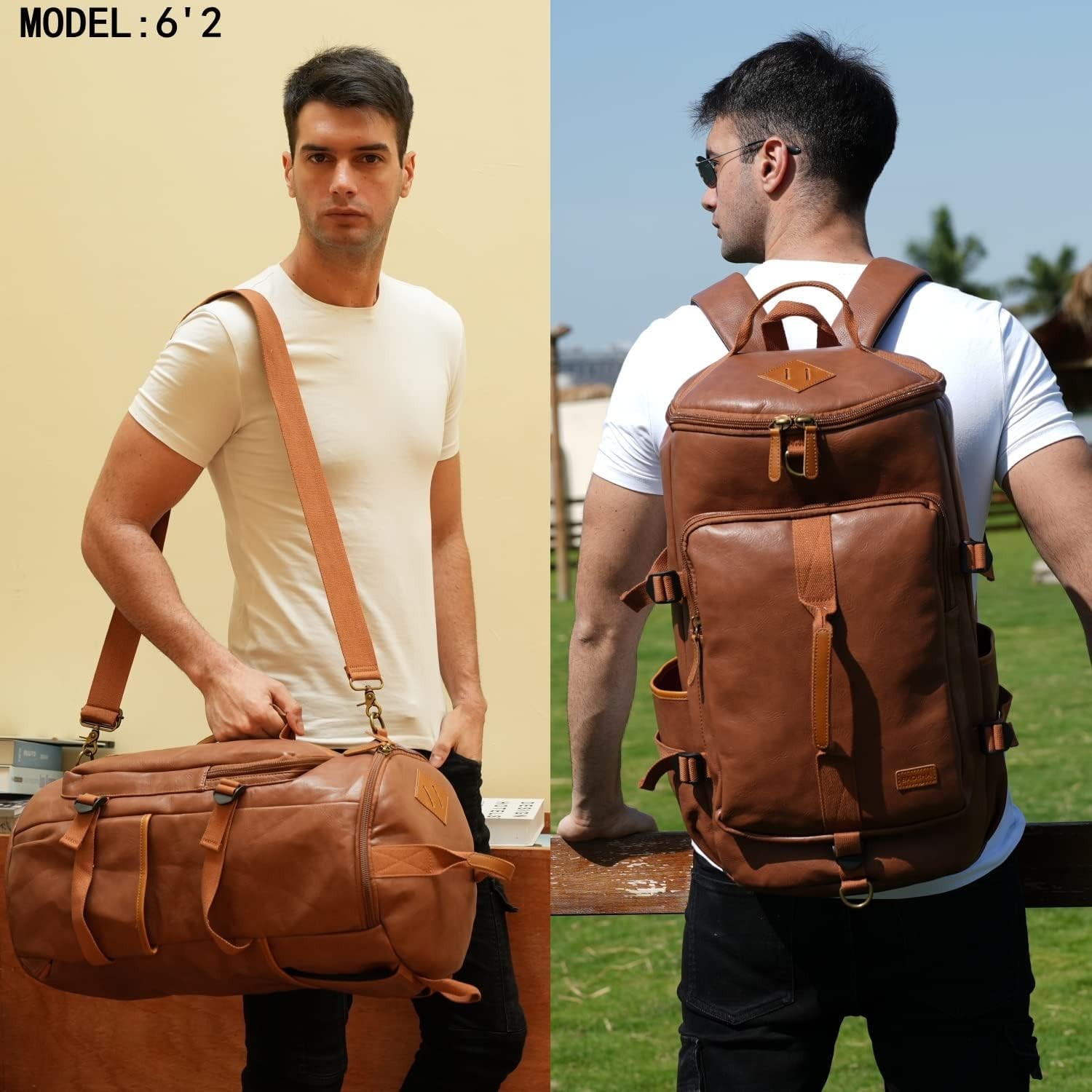 Stylish Vegan Leather Men Weekender Travel Duffel Tote Bag Backpack Travel Hikin
