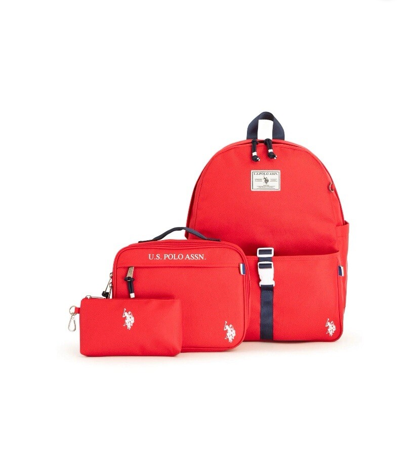 U.S. Polo Assn. Boys Water-Resistant Backpack, Lunch Tote, & Pencil Case, Red