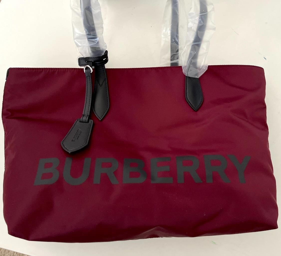 Burberry LL MD Nylon and Leather Tote Bag, in Dark Red, Made in Italy