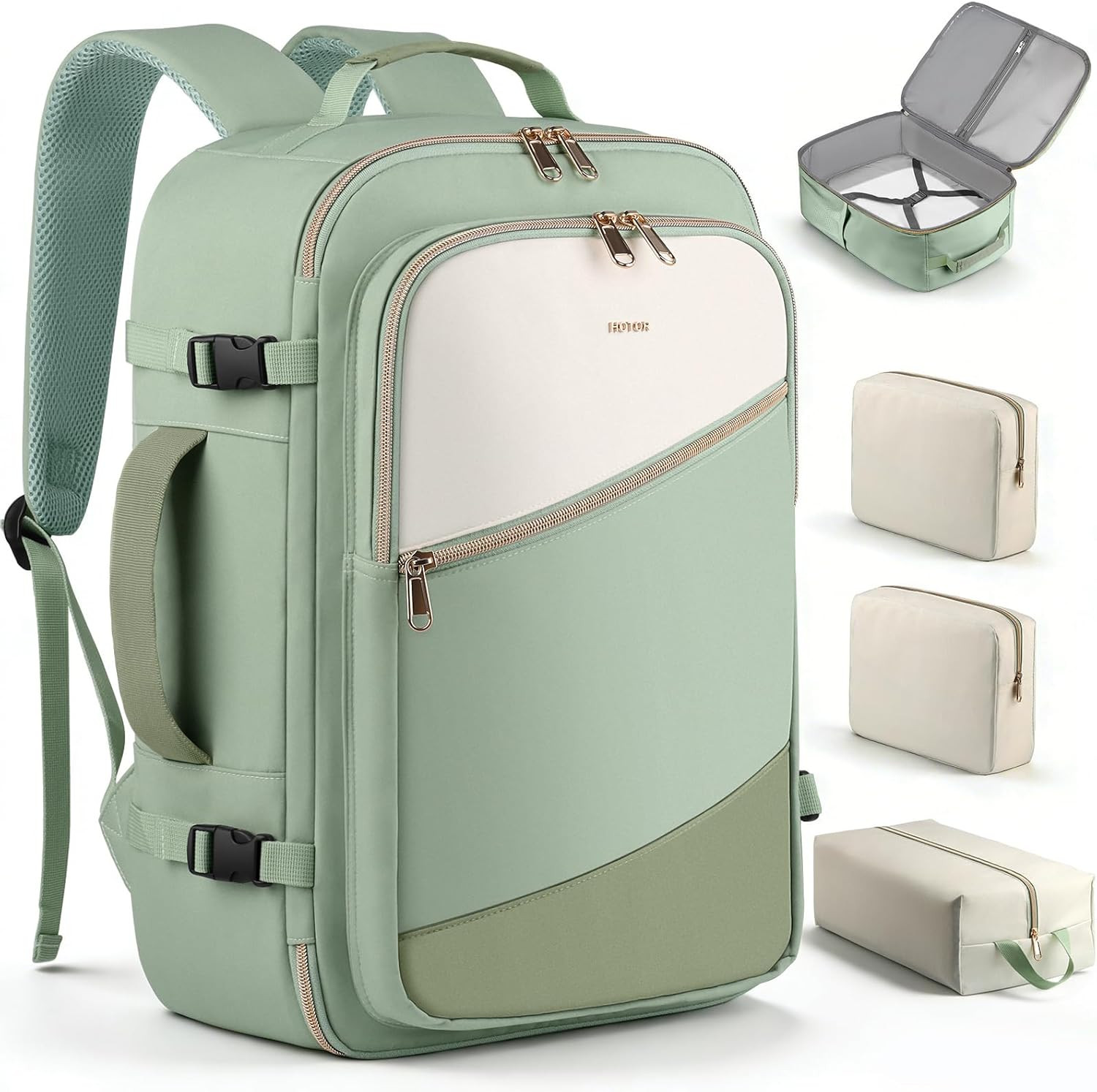 Women’s TSA-Friendly Travel Backpack with Packing Cubes, Water-Resistant, Green
