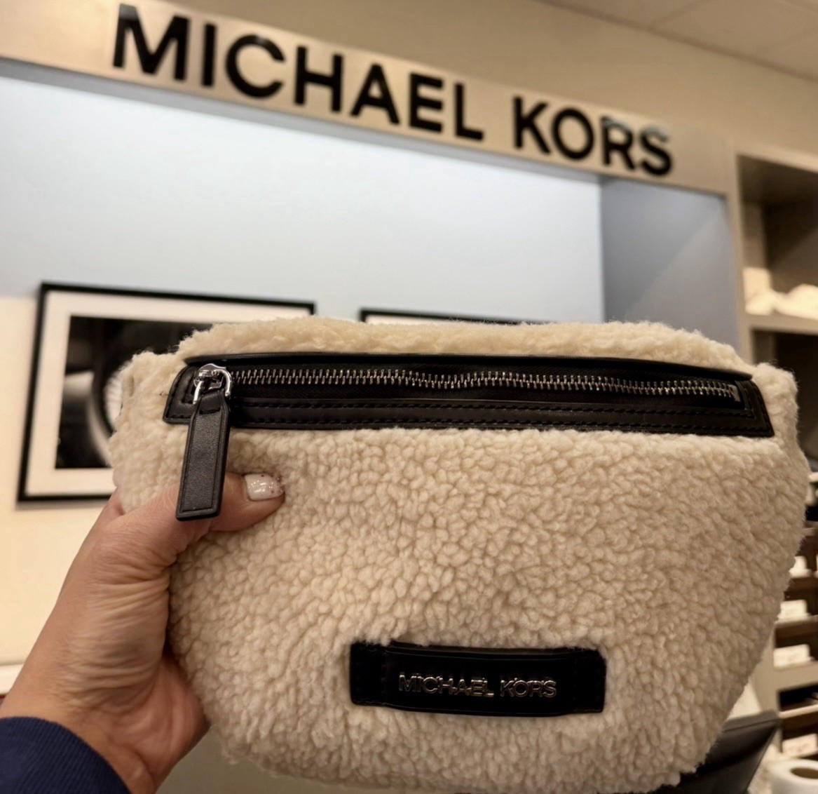 Michael Kors Cooper Faux Shearling Mini Belt Bag Sling Pack Natural
