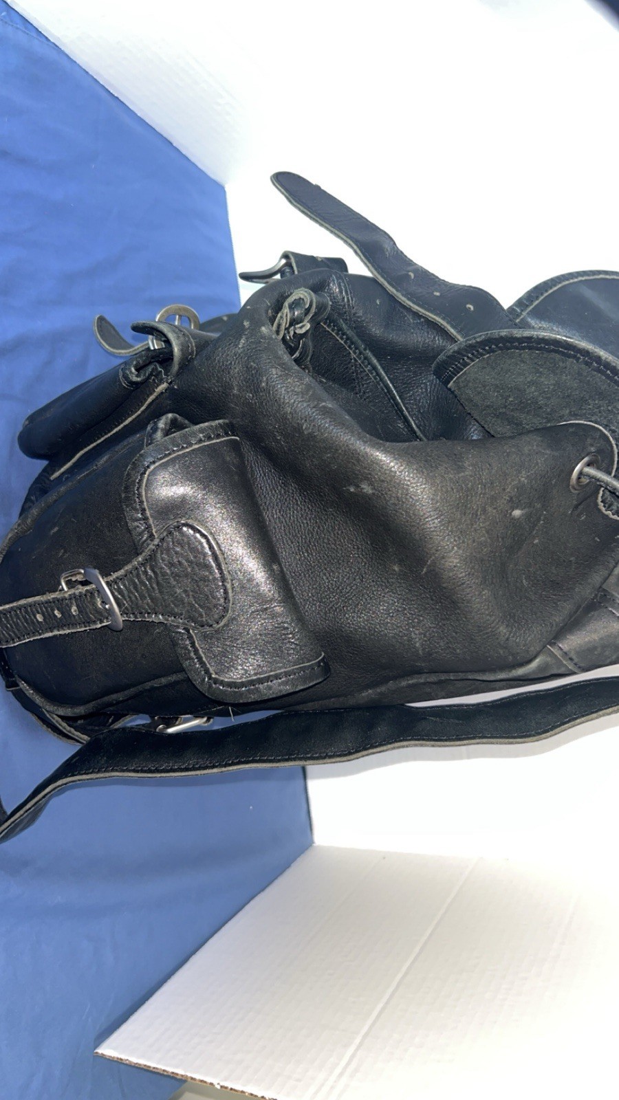 Black Leather Solid Drawstring & Buckle Backpack Rucksack Bag Unisex