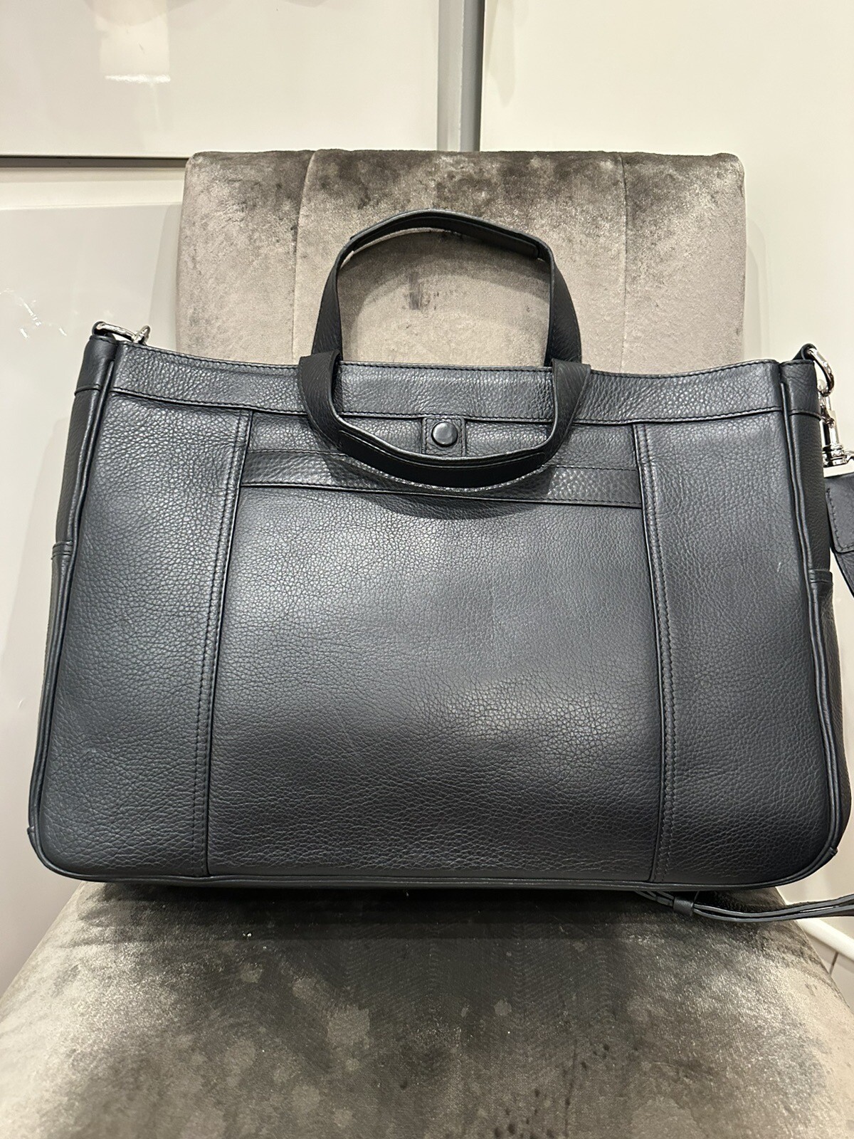 Container (Thailand) Black Leather Briefcase 16x12x4 w/ Shoulder Strap