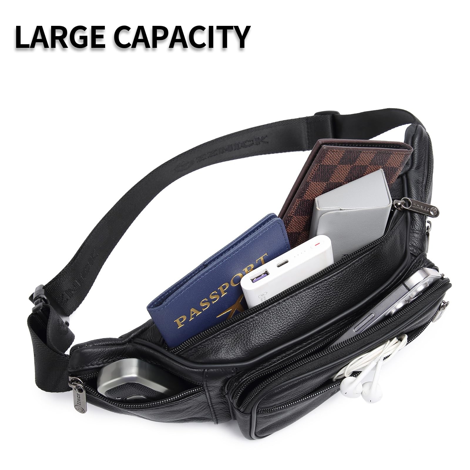 ZZNICK Genuine Leather Fanny Pack/Waist 14 x 2.5 x 5 inches, Black-861 Medium