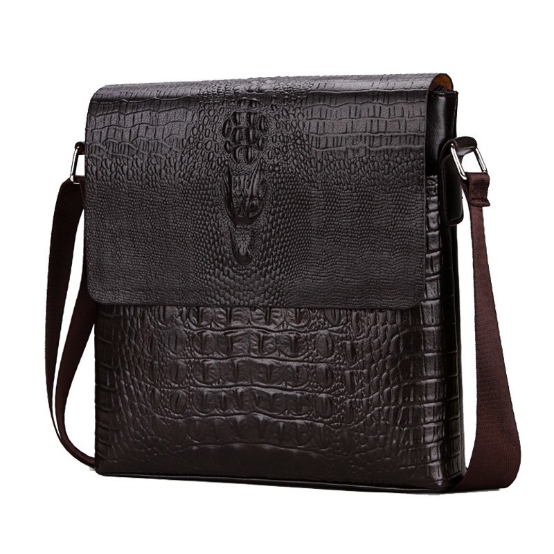 Men’s Black Crocodile Leather Crossbody Bag – 10″ Sling Shoulder Messenger Bag