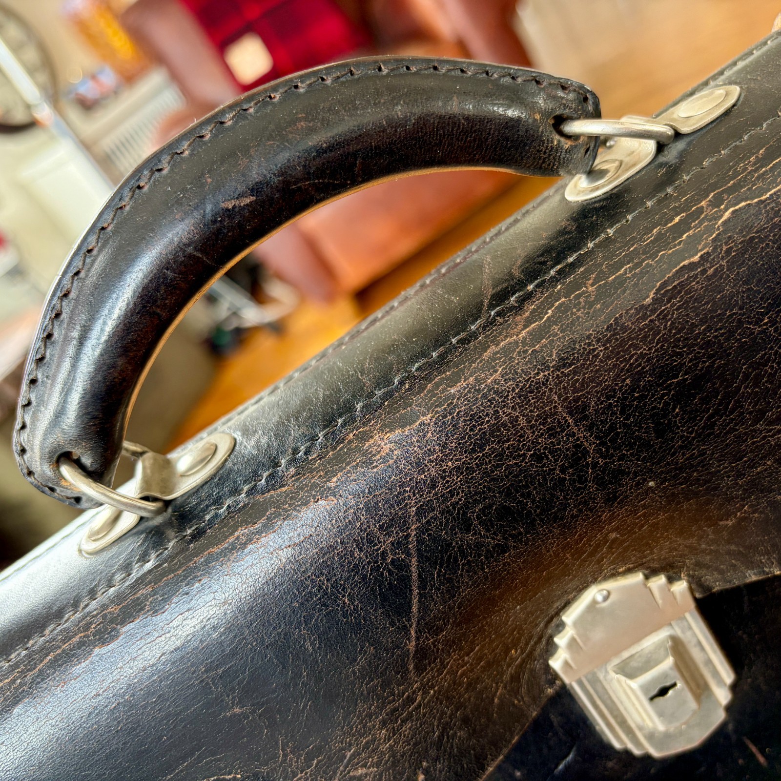 1920s Leather Briefcase Satchel Bag Double Strap Messenger MacBook Pro Blk Vtg