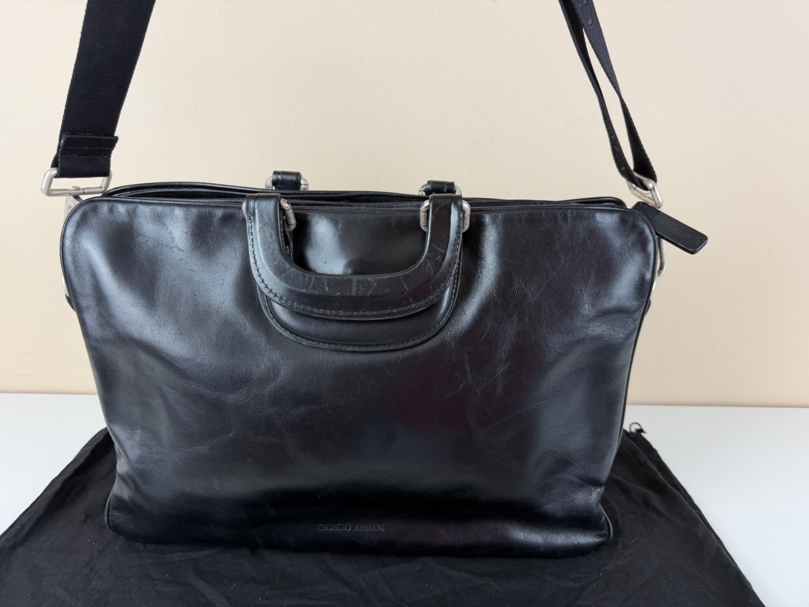 Giorgio Armani Black Leather Briefcase/Business Bag with Shoulder Strap