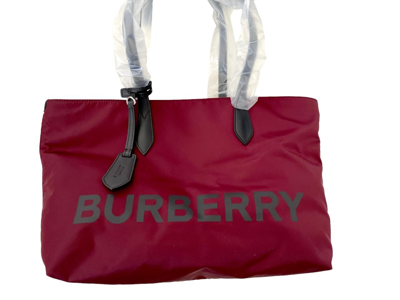 Burberry LL MD Nylon and Leather Tote Bag, in Dark Red, Made in Italy