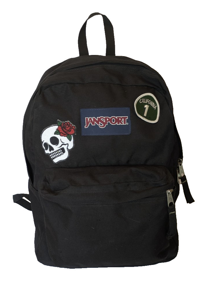 Jansport T501 Superbreak Backpack- Black Embroidered Skull w/ Rose Cali Rt 1