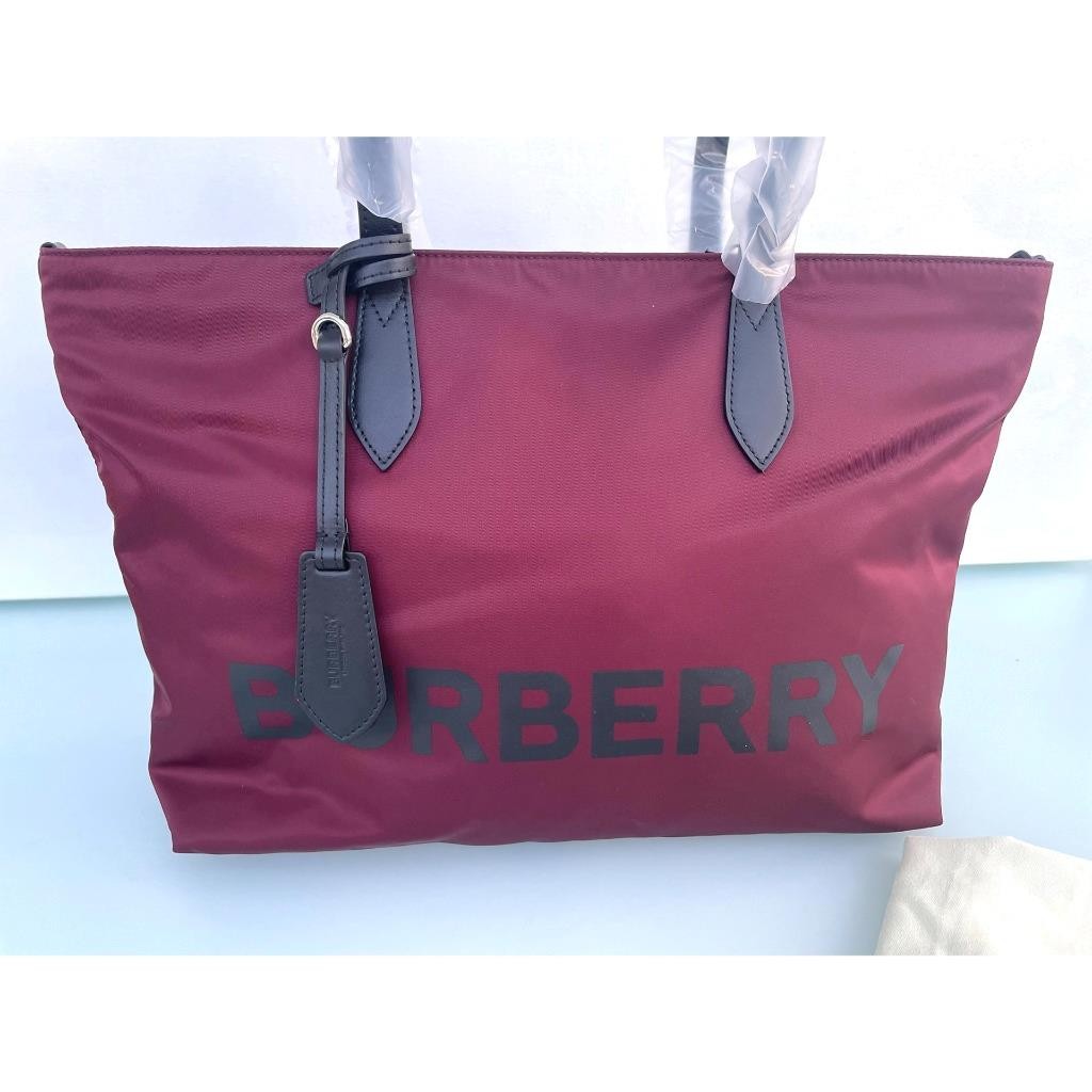 Burberry LL MD Nylon and Leather Tote Bag, in Dark Red, Made in Italy