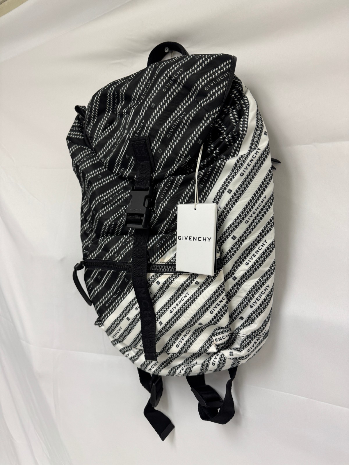 Givenchy Light 3 Chain Logo Print Two-tone Stripe Backpack Black White NWT