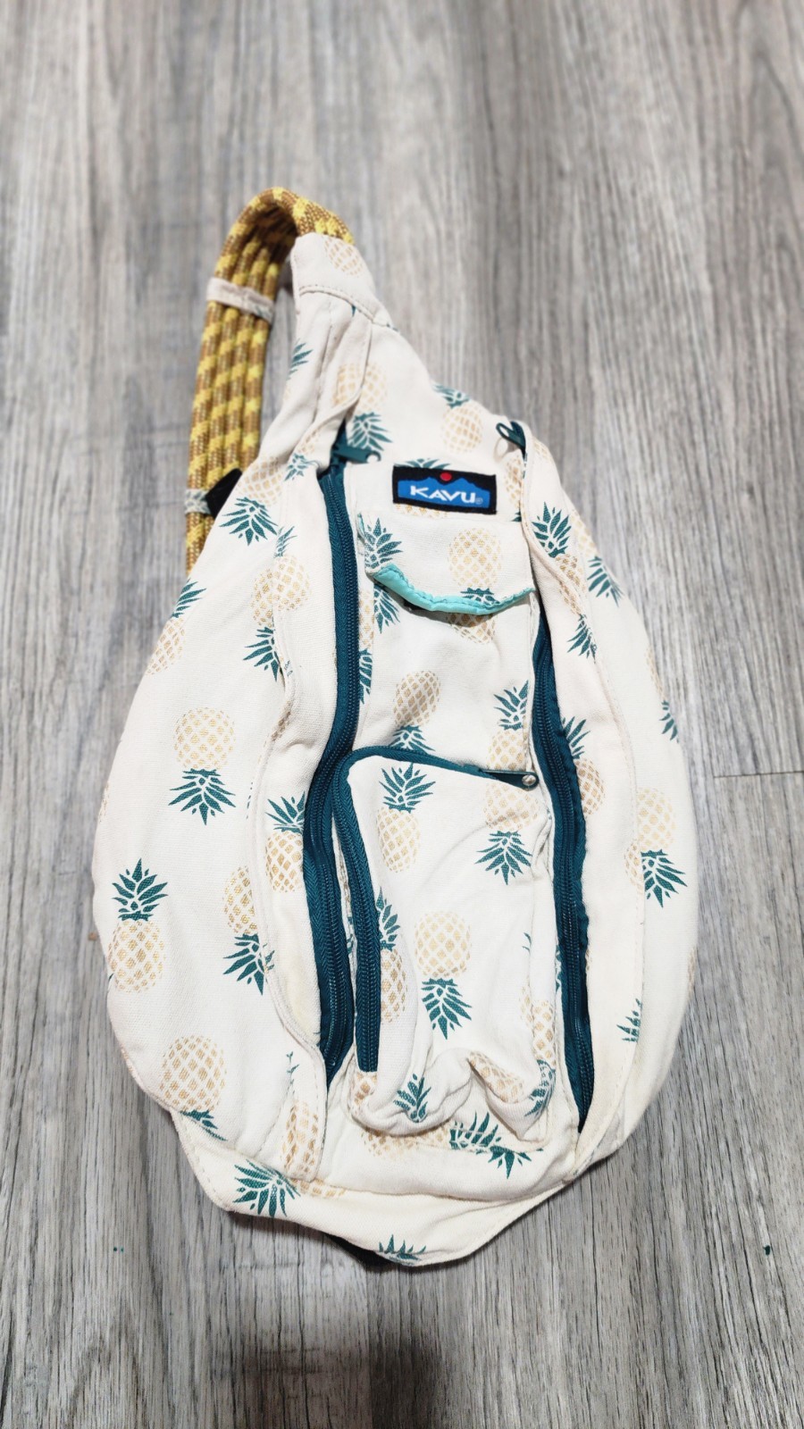 KAVU Rope Sling Pineapple Print Crossbody Bag Adjustable Strap Beige Yellow