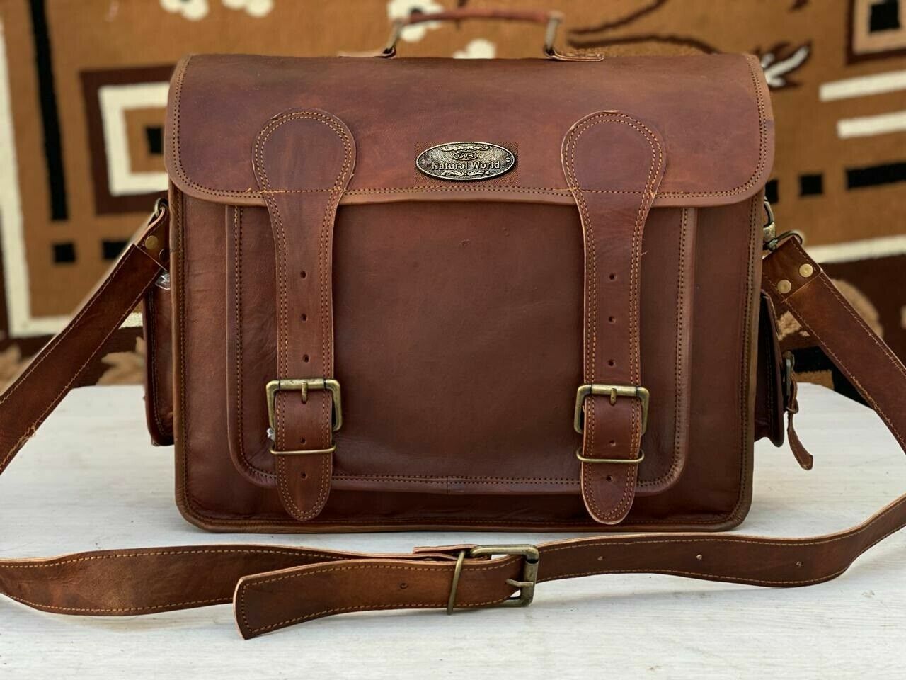 Leather Messenger Shoulder Laptop Bag Briefcase Bull Hide (Dark Brown) Men