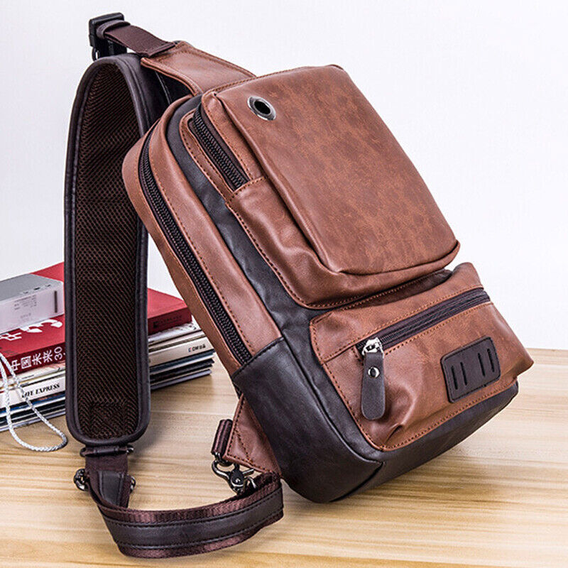 Men’s Sling Backpack PU Leather Large Capacity Cross Body Bag Chest Shoulder Bag