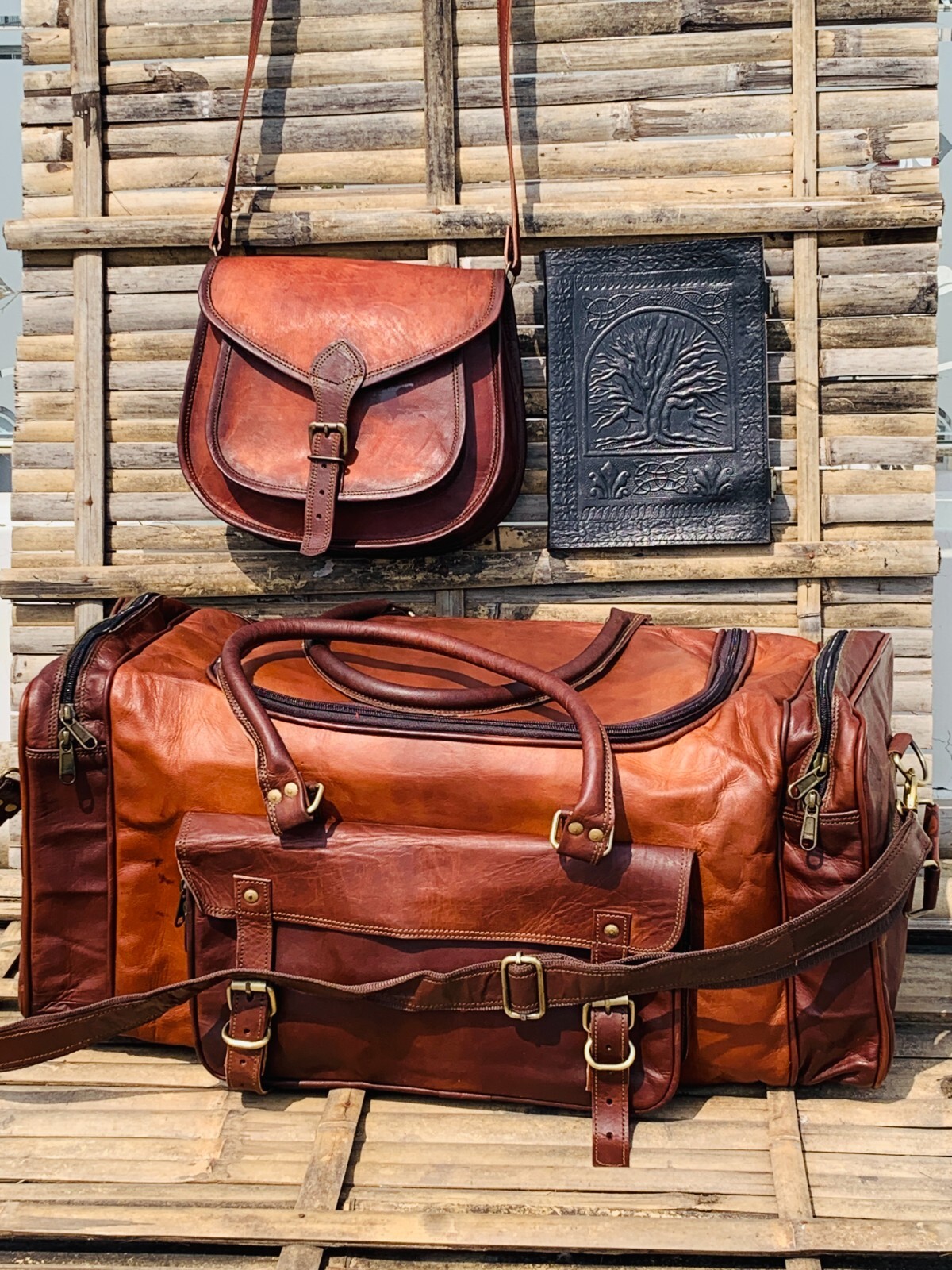 30″ Men’s Leather Travel Luggage Vintage Overnight Duffel Bag Tote Bag & Journal