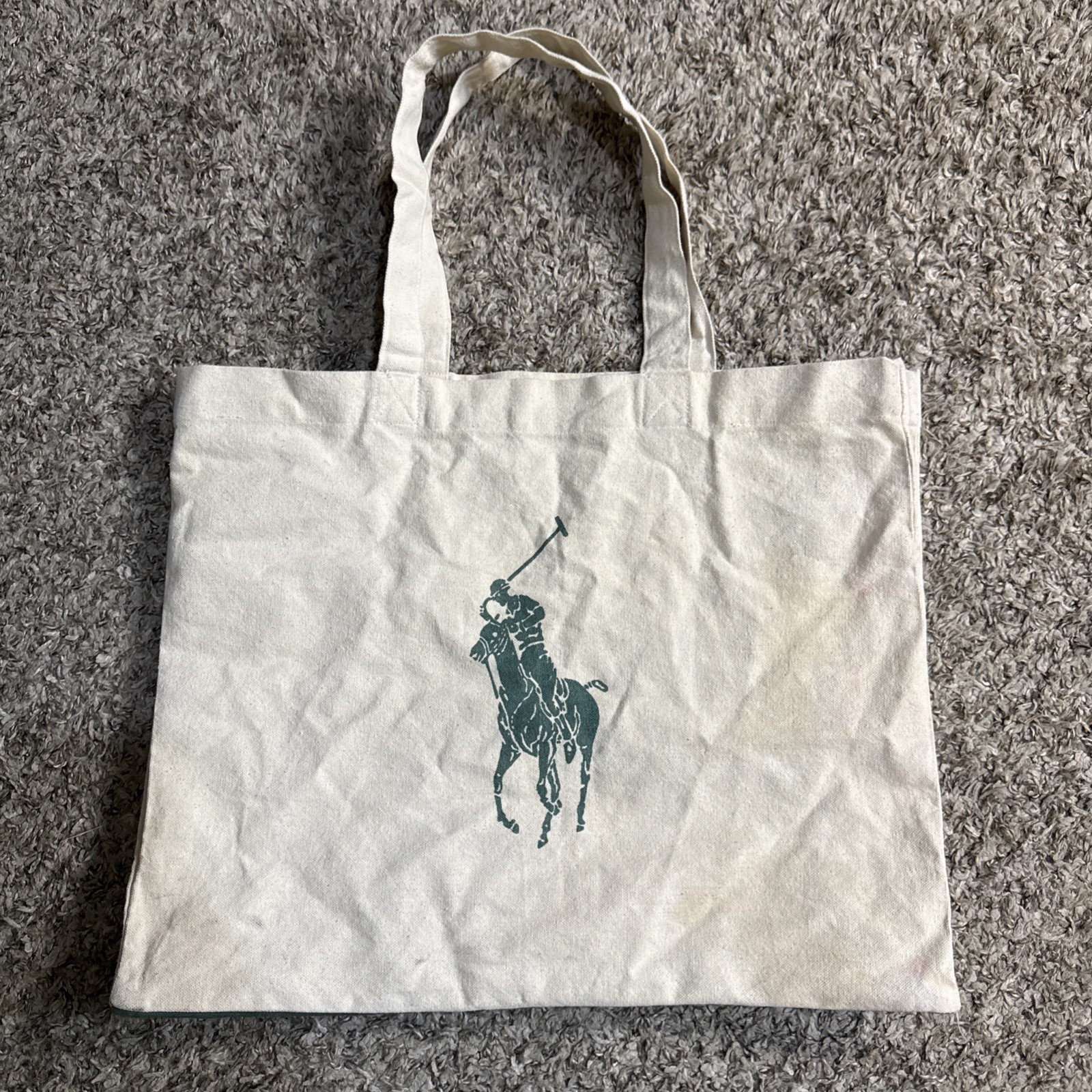 Polo Ralph Lauren Tote Bag 100% Organic Cotton Canvas Green Pony Logo & Accent
