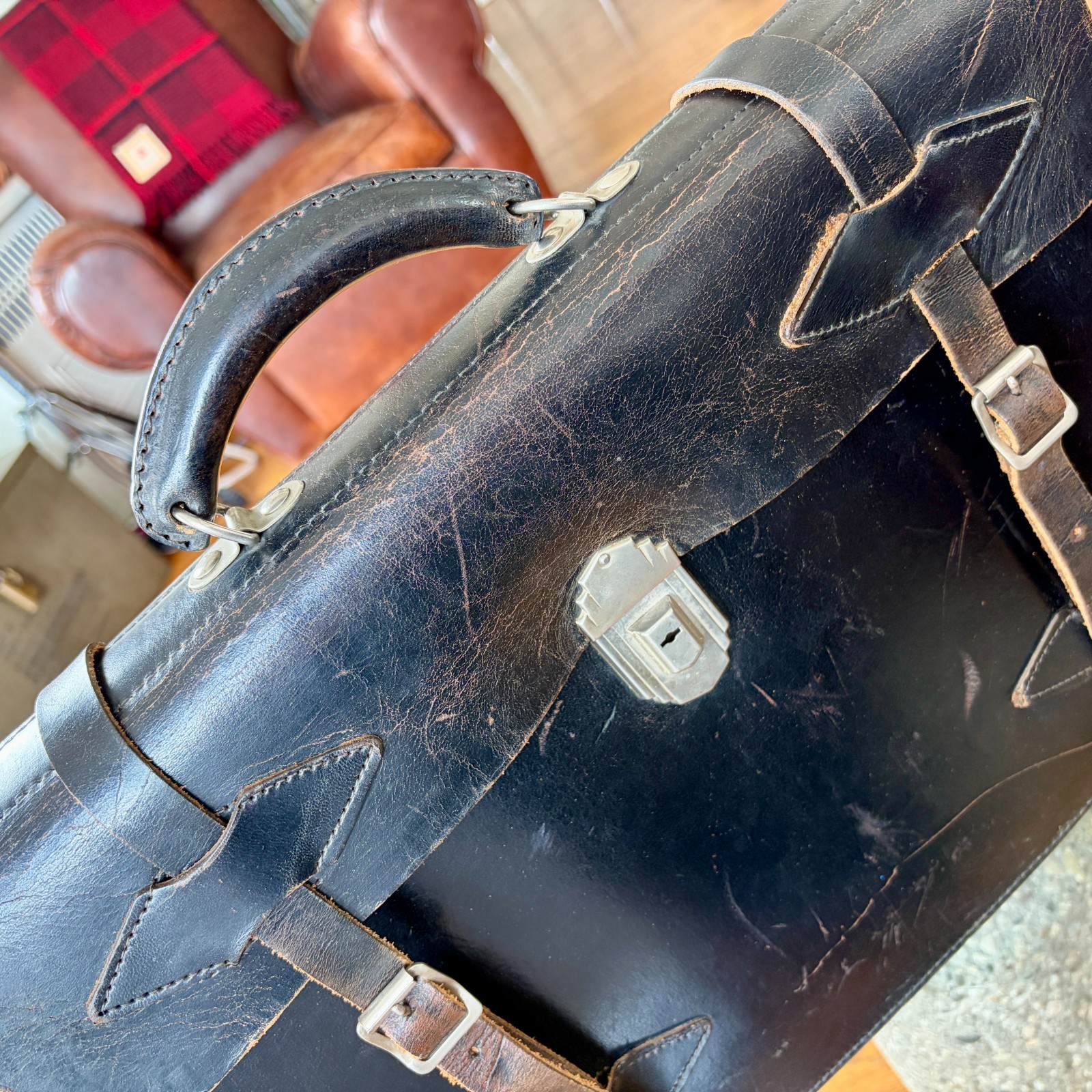 1920s Leather Briefcase Satchel Bag Double Strap Messenger MacBook Pro Blk Vtg