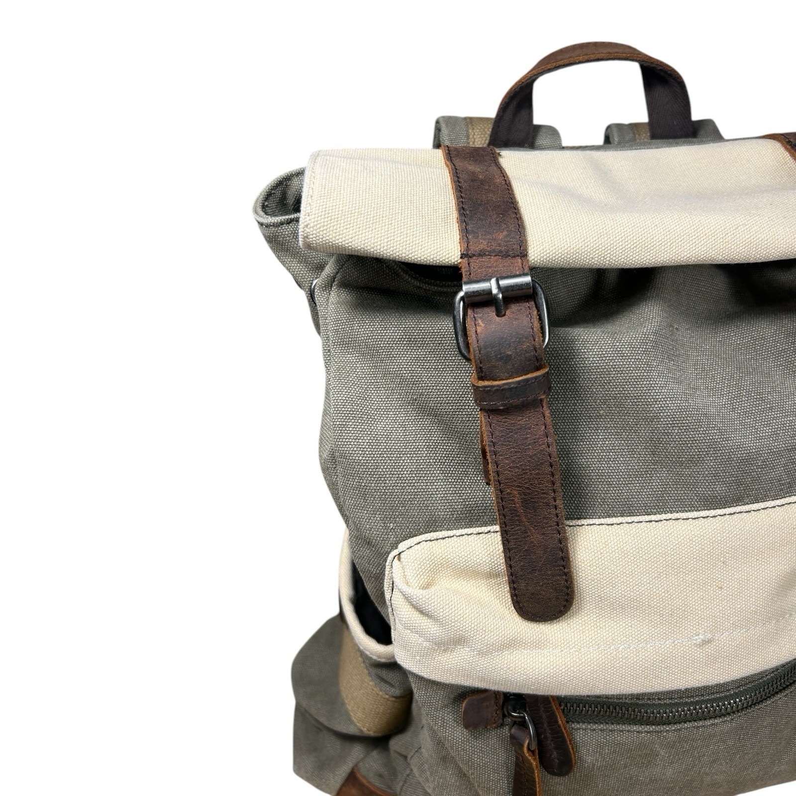 Suvom Canvas Leather Trim Rolltop Backpack Olive Khaki Two-Tone EUC