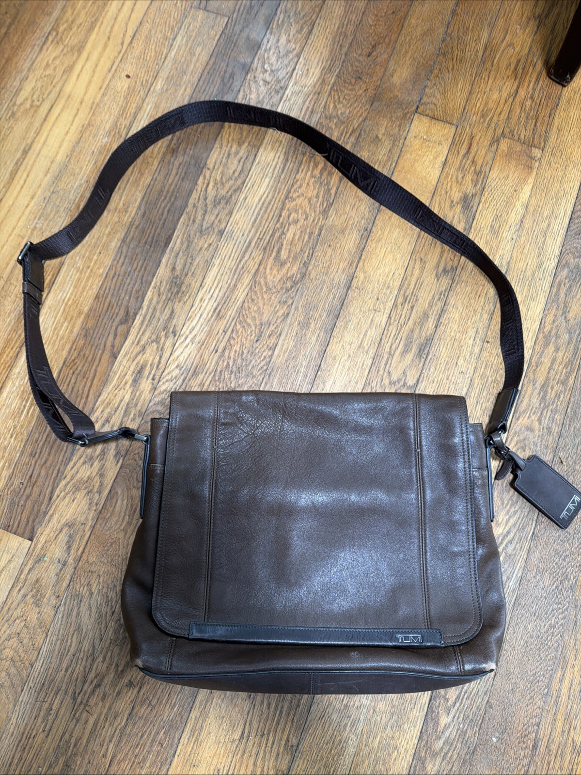 Tumi Dark Brown Leather Laptop Messenger Bag With Web Strap