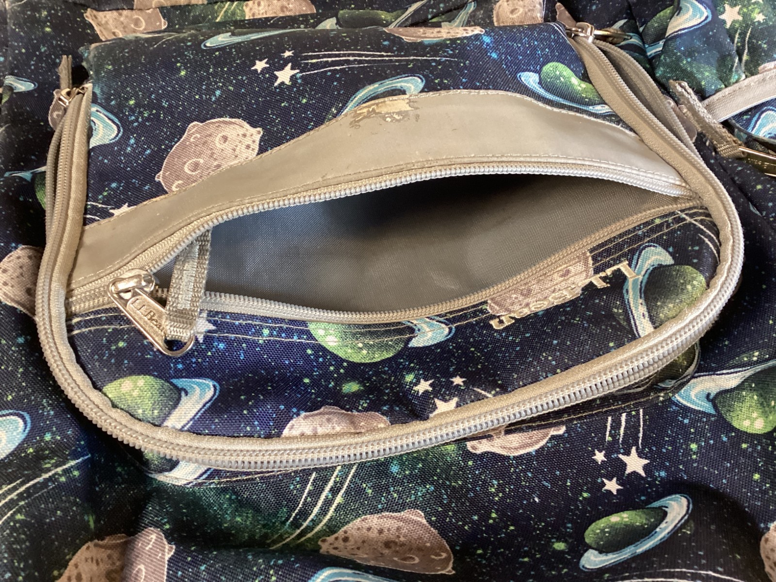 LL Bean Vintage Space Backpack Navy Blue with Planets and Stars, Many Pockets