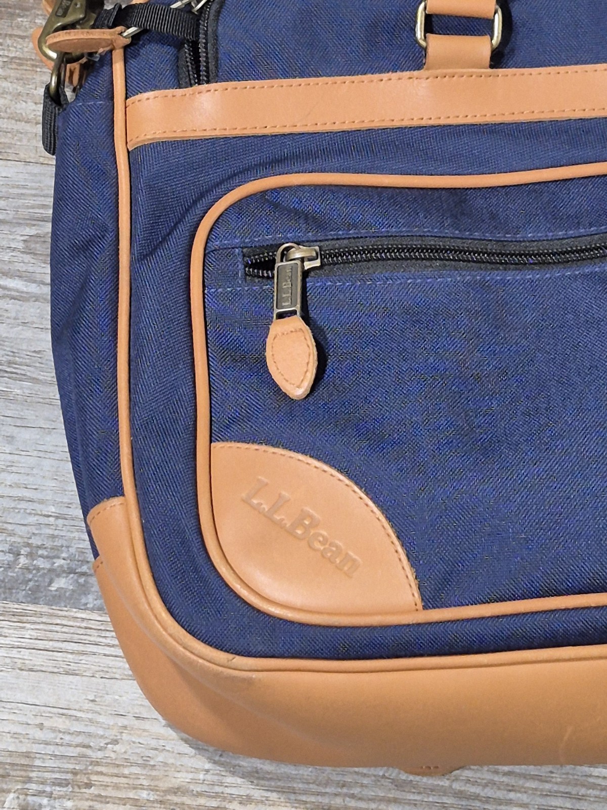 LL Bean Leather Blue Padded Canvas Laptop Traveler Carry-on Bag 17″