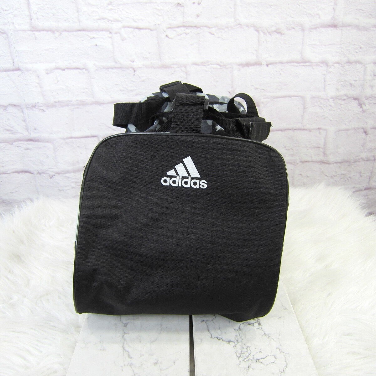 Adidas Camo Print Duffel Bag BLACK & GRAY LOGO ZIP TOP Fits Gym Locker