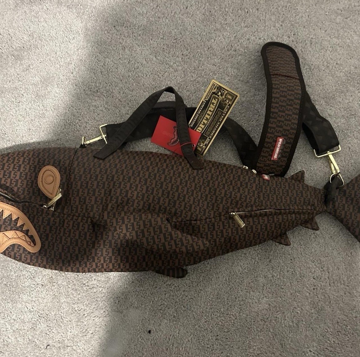 Sprayground Shark Crossbody Bag Monogram Pattern Zip Closure Adjustable Strap