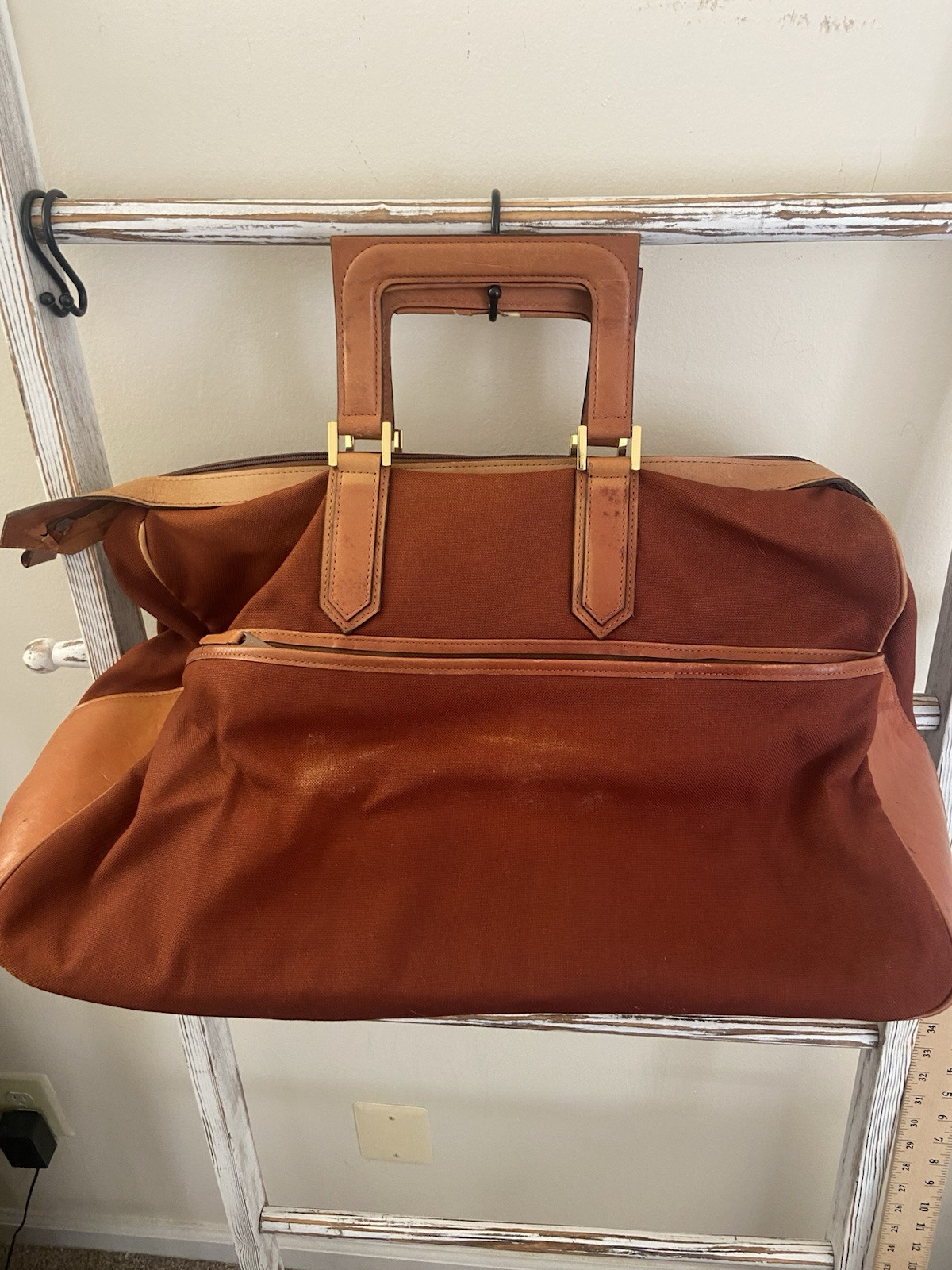 Yves Saint Laurent Vintage Canvas Red Brown Large Duffle Boston Bag, Fair Cond