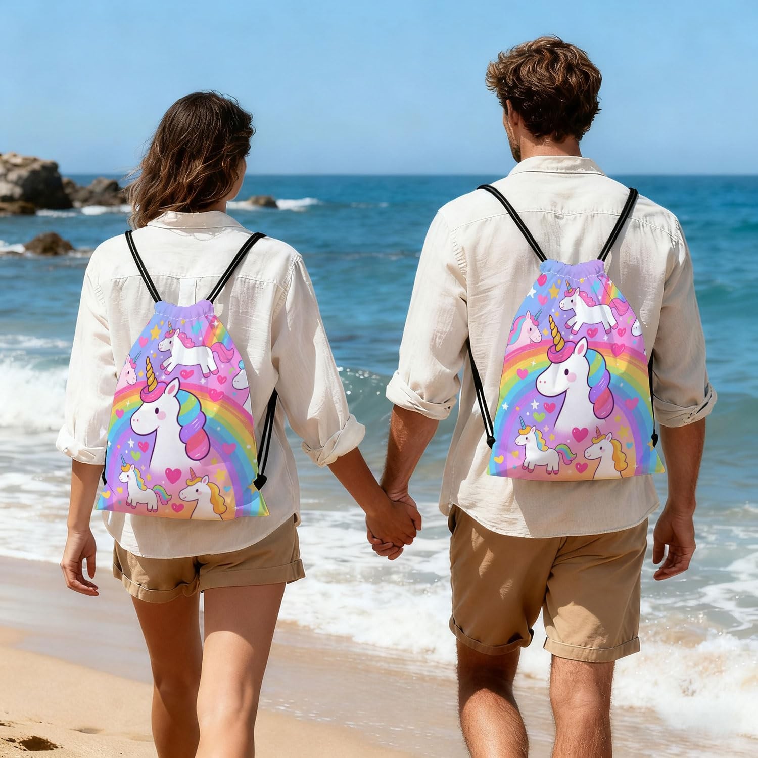 Rainbow Unicorn Drawstring Backpack, Adjustable Cord & Inner Zipper Pocket – …