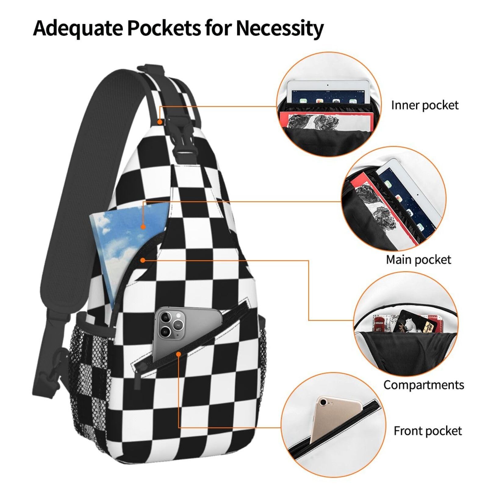Checkered Crossbody Sling Bag Black White Checkerboard Travel Backpack