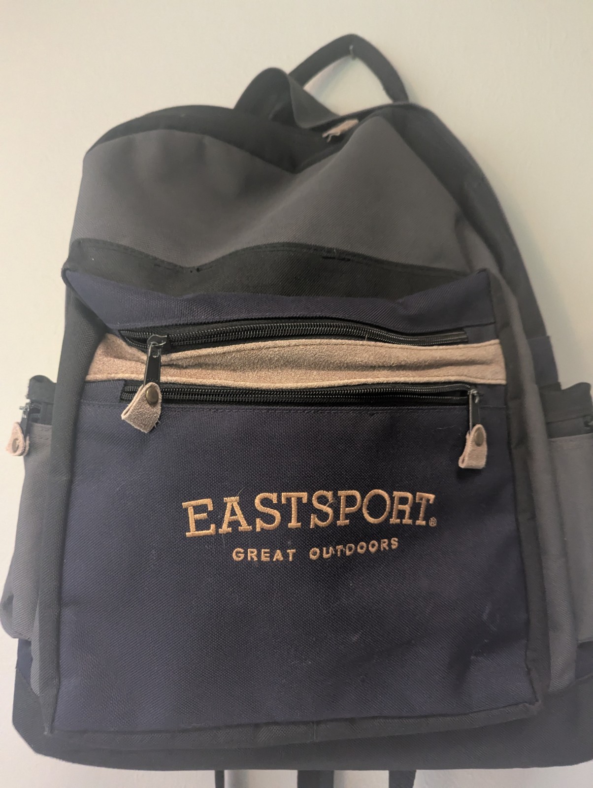 Vintage Eastport Backpack Forrest Green Nylon Tan Suede Trim Zip 5 Pockets