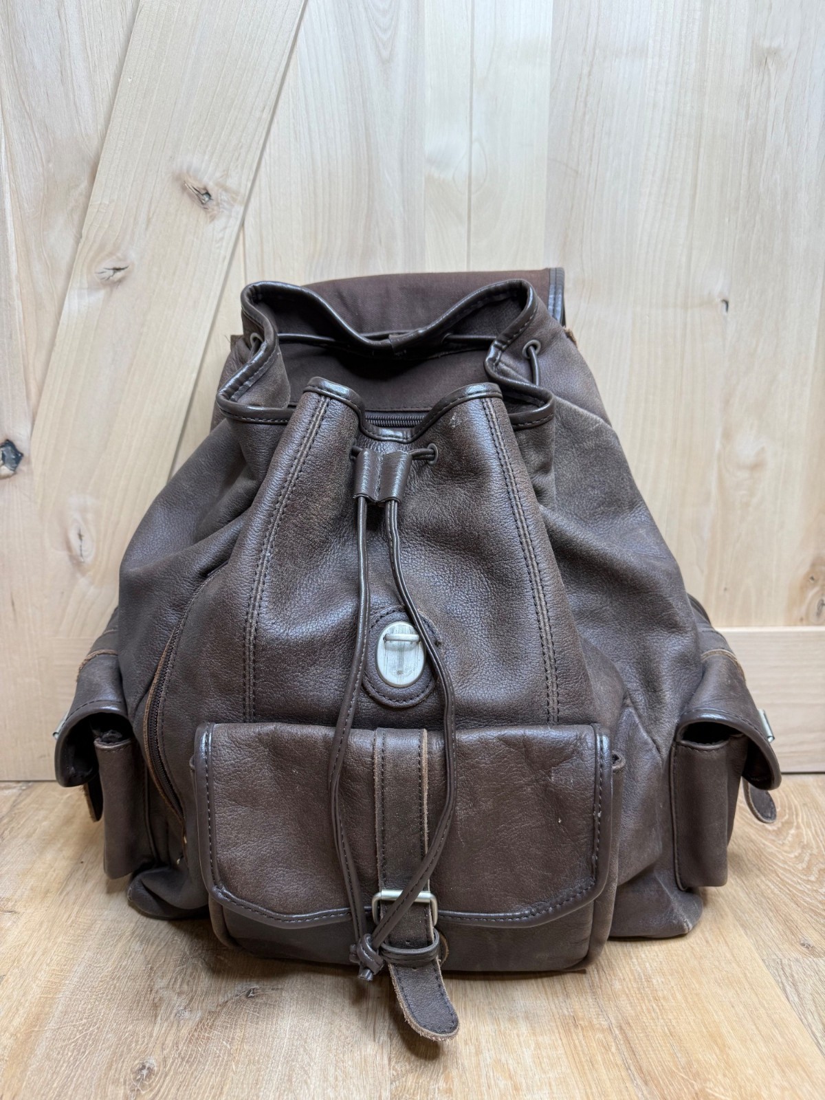 Vintage XL Genuine Cowhide Leather Backpack Brown Drawstring Buckle Flap Multi P