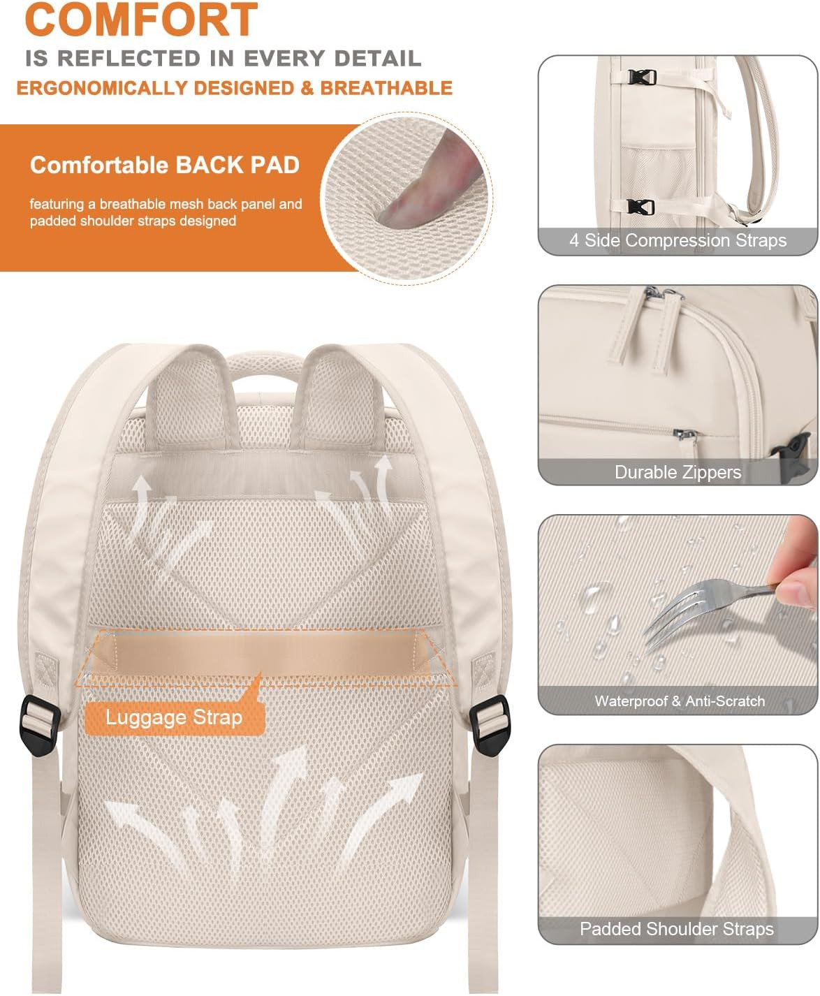 Travel Backpack Airline Approved Waterproof Laptop Backpack 15.6 In Laptop Beige